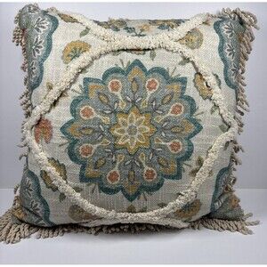 Boho Chic Accent Sofa Couch Pillow Braided Fringe Floral Turquoise 19" x 19"